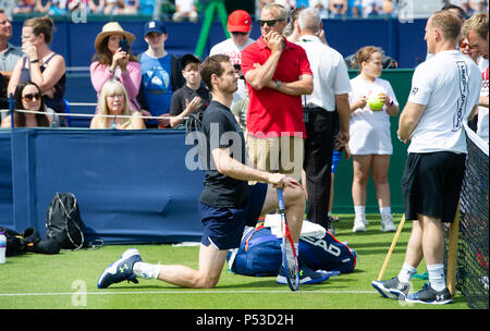 Andy Murray, erstreckt sich auf die Praxis Gerichte während der Natur Tal internationalen Tennisturnier in Devonshire Park in Eastbourne East Sussex UK. 24. Juni 2018 Stockfoto