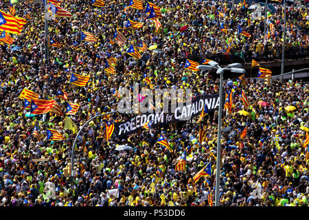 Barcelona,  Spanien - Mehr als eine halbe Million Menschen an einer friedlichen Demonstration für die Unabhängigkeit von Katalonien Stockfoto