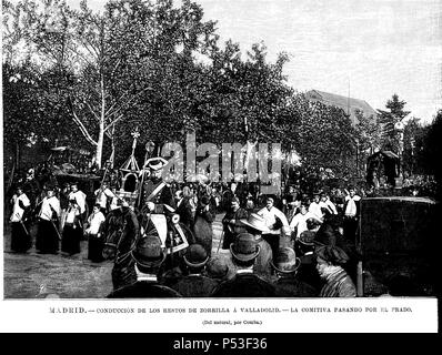 Madrid. Conducción de los restos mortales de José Zorrilla (Valladolid, 1817 - Madrid, 1893), Poeta y Dramaturgo, ein su Paso por el Paseo del Prado. Grabado de 1896. Stockfoto