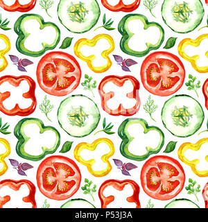 Salat bunte Gemüse Schichten: Tomaten, Paprika, Gurken, nahtlose Muster, Handgemalten Aquarell Abbildung Stockfoto