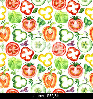 Salat bunte Gemüse Schichten: Tomaten, Paprika, Gurken, nahtlose Muster, Handgemalten Aquarell Abbildung Stockfoto