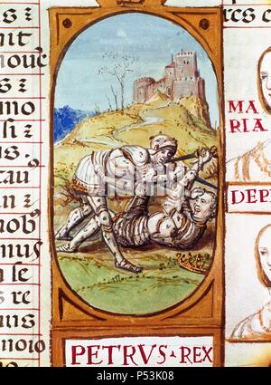 PEDRO I el Grausame (Burgos, 1334 - Montiel, 1369). Rey de Castilla y de León, y sucesor hijo de Alfonso XI. Su reinado presidió La Grave Krise castellana de mediados Del Siglo XIV. Monarca autoritario, representante de los intereses Economico - sociales de la pequeña Kraus, Los judios Conversos, Los comerciantes concejos Castellanos y los Andaluces. Miniatura. Stockfoto