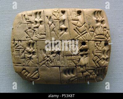 Mesopotamien. Tontafel. Piktogramme gezeichnet. Frühe Schreibtafel Aufnahme die Zuweisung von Bier. Irak. Späten prähistorischen Periode. 3100-3000BC. British Museum. London. England. Vereinigtes Königreich. Stockfoto