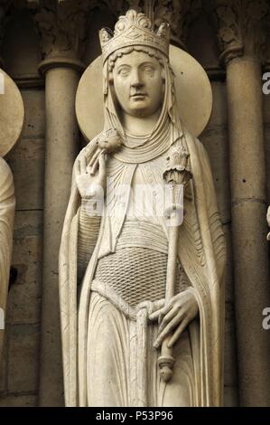 Gotische Kunst. Frankreich. Notre-Dame. Die Königin von Saba. Portal von St. Anne. 13. Jahrhundert. Paris. Stockfoto