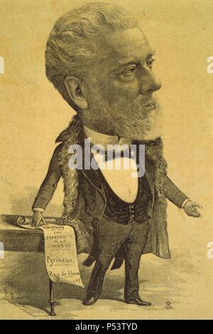 Víctor Balaguer ich Cirera (1824-1901). Caricatura de S. Ross del Poeta, Dramaturgo e historiador Catalán. Año 1891. Stockfoto