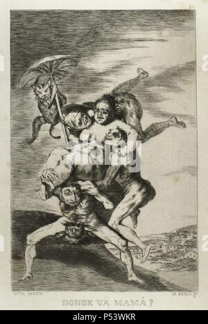 Francisco de Goya (1746-1828). Spanischer Maler und Graphiker. Los Caprichos. ÀDonde va Mama? (Wohin gehst du, Mama?). Nummer 65. Aquatinta. 1799. Reproduktion von M.SEGUI ich Riera. Stockfoto