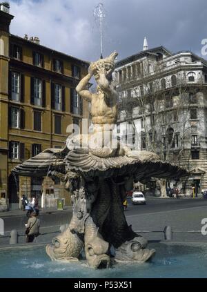 ARTE BARROCO. ITALIA. BERNINI, Gian Lorenzo (Neapel, 1598 - Roma, 1680). "FUENTE DEL TRITON'. Realizada entre Los años 1632-1637 para el Papa Urbano VIII. Cuatro delfines sostienen El Escudo de Armas de los Barberini con sus Tres abejas y una Gran concha que sirve de asiento ein un-tritón que sopla un-caracol Marino. ROMA. Stockfoto