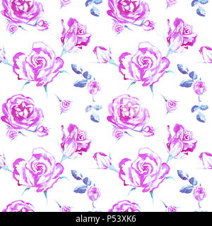 Blumen lila Rosen, nahtlose Muster, Handgemalten Aquarell Abbildung im weichen Stil Stockfoto