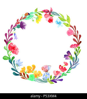 Runden Rahmen der wilden Blumen und Blätter mit Schmetterling, Marienkäfer, Handgemalten Aquarell Abbildung in der dekorativen modernen Stil, Design Stockfoto
