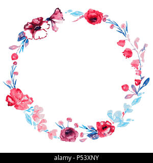 Runden Rahmen der Rosen Blumen und Wilde Malve, blaue Blätter und Beeren, Handgemalten Aquarell Abbildung im modernen Stil (soft spots), Design Stockfoto