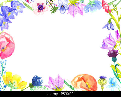 Horizontale Rahmen der bunten wilden Blumen: Glockenblumen, Veilchen, Forget-me, Kornblumen, Mohnblumen (Wald und Wiese), Handgemalten Aquarell, Design Stockfoto