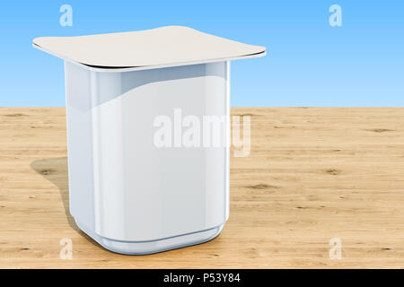 Leere weiße Verpackung Container für Joghurt, Eis oder Dessert auf dem Holztisch. 3D-Rendering Stockfoto