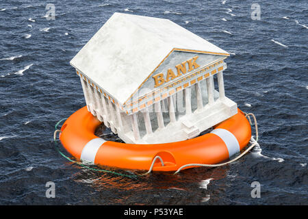 Finanziellen Schutz von Bank scheitern. Rettungsring mit Bank Gebäude schwimmen im Wasser. 3D-Rendering Stockfoto