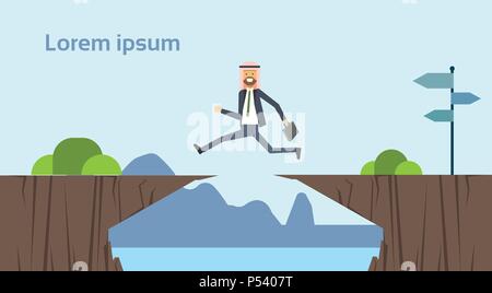 Arabische Geschäftsmann springen über Hindernisse über Abgrund klicken Sie auf die gegenüberliegende Ziel Konzept. geschäftlichen Erfolg. Herausforderung, Risiko, Problem oder Hindernisse zu überwinden. Stock Vektor
