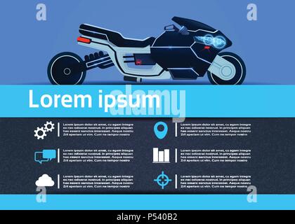 Hybrid Motorrad Infografik sport Electric speed Motorrad technische Spezifikationen auf blauem Hintergrund flach Stock Vektor