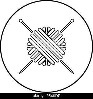 Ball der Wolle Garn und Stricknadeln Symbol Farbe Schwarz im Kreis runde Kontur Stock Vektor