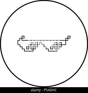 Sonnenbrille pixel Symbol Farbe Schwarz im Kreis runde Kontur Stock Vektor