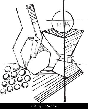 Hand gezeichnet Vektor bleistift Abbildung oder Zeichnung von einigen Eucharistie religiöse christliche Symbole Stock Vektor