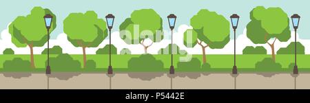 City Park street lamp grüner Rasen Bäume Vorlage Hintergrund Flachbild banner Stock Vektor