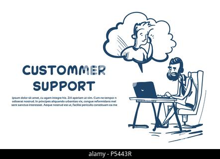 Support Center headset Agent Mann client Bubble online Betreiber Büro deck Kunden- und technischen Service Symbol, chat Konzept weißen Hintergrund Skizze kopieren Raum Stock Vektor