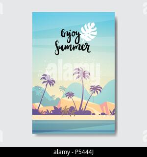 Sommer Landschaft Palm Tree Beach Sunset Abzeichen Design Label. Jahreszeit Urlaub Schriftzug für Logo, Vorlagen, Einladungen, Grußkarten, Drucke und Poster. Stock Vektor