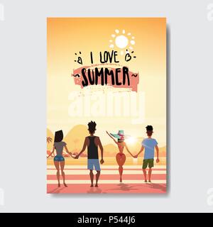 Sommer liebe Menschen halten sich an den Händen suchen Sonnenuntergang Rückansicht entspannen Landschaft Strand Abzeichen Design Label. Jahreszeit Urlaub Schriftzug für Logo, Vorlagen, Einladungen, Grußkarten, Drucke und Poster. Stock Vektor
