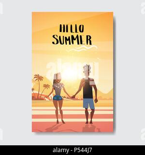 Sommer liebe Leute Paar hält Hände Sonnenuntergang Rückansicht entspannen Landschaft Strand Abzeichen Design Label. Jahreszeit Urlaub Schriftzug für Logo, Vorlagen, Einladungen, Grußkarten, Drucke und Poster. Stock Vektor