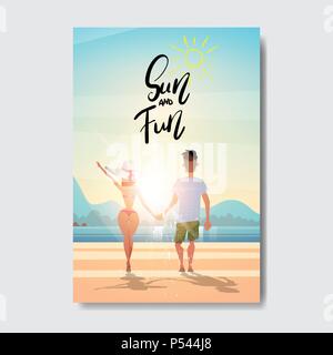Sommer liebe Leute Paar hält Hände sunrise Rückansicht entspannen Landschaft Strand Abzeichen Design Label. Jahreszeit Urlaub Schriftzug für Logo, Vorlagen, Einladungen, Grußkarten, Drucke und Poster. Stock Vektor