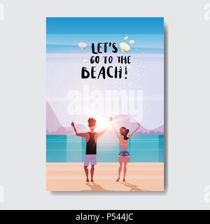 Sommer liebe Leute Paar hält Hände sunrise Rückansicht entspannen Landschaft Strand Abzeichen Design Label. Jahreszeit Urlaub Schriftzug für Logo, Vorlagen, Einladungen, Grußkarten, Drucke und Poster. Stock Vektor