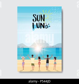 Sommer liebe Menschen halten sich an den Händen der Suche sonnenaufgang Rückansicht entspannen Landschaft Strand Abzeichen Design Label. Jahreszeit Urlaub Schriftzug für Logo, Vorlagen, Einladungen, Grußkarten, Drucke und Poster. Stock Vektor