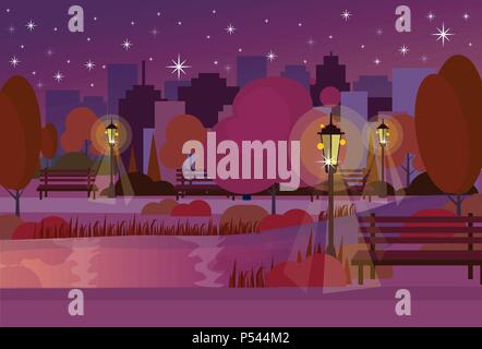 Nacht City Park Holzbank street lamp Fluss rasen Bäume auf städtischen Gebäude Vorlage Hintergrund flach Stock Vektor