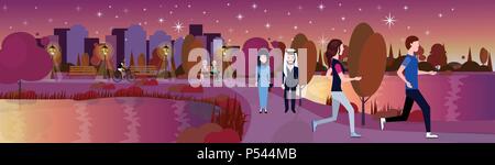 City Night Park mix Rasse arabisches Paar entspannen Fluss rasen Bäume Vorlage Hintergrund Flachbild banner Stock Vektor