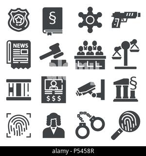 Kriminalität, Recht und Gerechtigkeit schwarze Symbole gesetzt isoliert Vector Illustration Stock Vektor