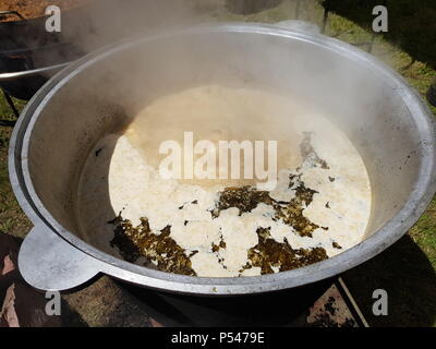 Polnische Suppe, braten in einem großen Topf im Freien spazieren gehen Stockfoto