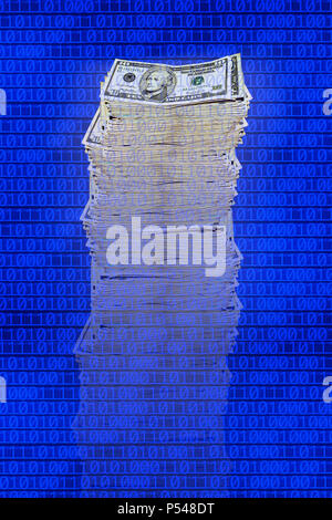 Nahaufnahme, geschossen von Dollar Bill auf binären Code Hintergrund Stockfoto