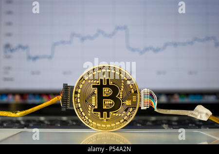 Kabelgebundene bitcoin auf einem Laptop vor einem Preis trend graffic auf dem Bildschirm. Stockfoto