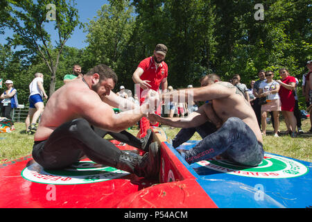 KAZAN, Russland - 23. JUNI 2018: Traditionelle Tatarische festival Sabantuy - starke muskulöse Männer in die Schlacht ziehen, der Stick im Freien Stockfoto