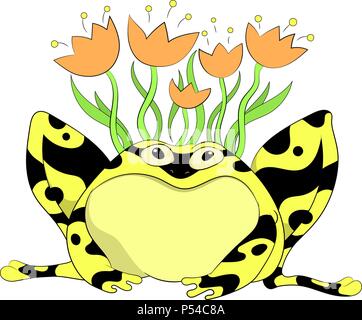 Eine Abbildung der Yellow-banded Poison dart Frog mit Blumen, eine Zeichentrickfigur Stock Vektor