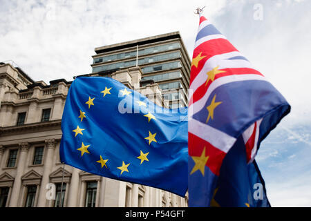 Eine EU-Flagge und kombinierten EU/UK Flagge Overhead auf Pall Mall als Pro-EU-Demonstranten in ihre Zehntausende für die 'March für ein Volk' in Central London sammeln. Im März wurde von Aktivisten organisiert für die Bezeichnungen von eventuellen Brexit deal des UK, bevor die Briten in der Form einer öffentlichen Abstimmung gestellt werden. Genau zwei Jahre sind nun seit der Britische tief spaltende Volksabstimmung über die EU-Mitgliedschaft bestanden, mit dem Land durch die Europäische Union im März 2019 zu verlassen. Stockfoto