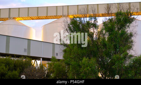 Getreidesilos im äußeren Hafen, Süd Australien, wo Export Körner wie Weizen zu den nahe gelegenen Versand Docks für Export conveyored sind, in der Dämmerung. Stockfoto