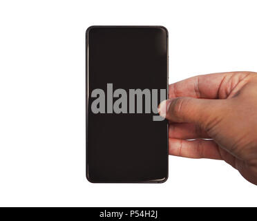 Mockup der männlichen Hand schwarz rahmenlose Handy mit leeren Bildschirm auf weißem Hintergrund. Stockfoto