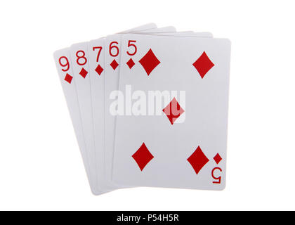 Spielkarten, ein Straight Flush. Ein Straight Flush ist eine Sequenz von fünf Karten derselben Farbe. Diamanten Stockfoto