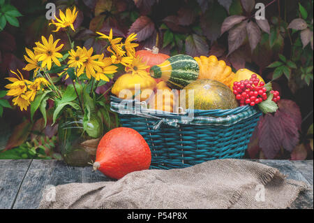 Drei verschiedene schöne reife Kürbisse liegen auf der Fensterbank im Haus im Hintergrund der herbstlichen Garten. Close-up. Stockfoto