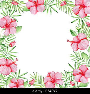 Aquarell tropische Blumen Rahmen mit roten Hibiskus Blumen und Grün Palm Blätter auf weißem Hintergrund Stockfoto