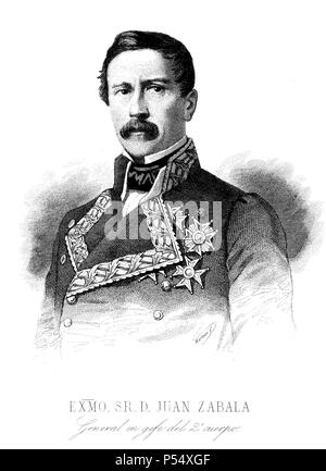 Personajes. General Juan de Zabala y de la Puente (Lima, 1804 - Madrid, 1879), Conde de Paredes de Nava. Militar y político Española nacido en Peru. Allgemeine en Jefe del 2º cuerpo del Ejército. Guerra de África. Grabado de 1860. Stockfoto