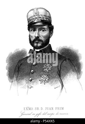 Personajes. General Juan Prim y Prats (Reus, 1814 - Madrid, 1870), Conde Reus. Militar y político progresista Español. Allgemeine en Jefe del Cuerpo de Reserva del Ejército. Guerra de África. Grabado de 1860. Stockfoto