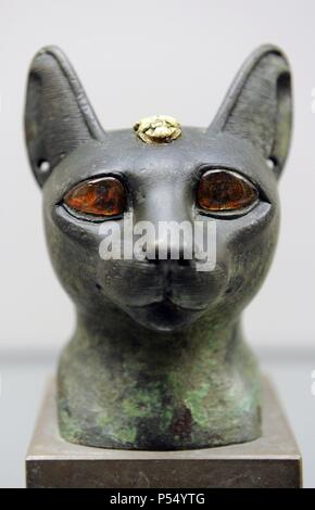 Ägypten. Kopf einer Katze mit bernsteinfarbenen Augen. Carlsberg Glyptotek Museum. Kopenhagen. Dänemark. Stockfoto