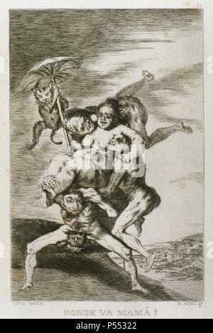 ARTE Siglo XVIII. ESPAÑA. GOYA, Francisco (Fuendetodos, 1746 - Burdeos, 1828). Pintor y grabador Español. 'DONDE VA MAMA? '. Aguafuerte que pertenece a la colección de 84 grabados titulada 'Caprichos' de temática satírico - fantasmagórica, editados en el año 1799. Reproducción de M. SEGUÍ ich Riera. Stockfoto