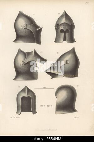 14. jahrhundert Helme von Rüstungen im Pariser Museum der Artillerie. Von Hefner-Alteneck Chromolithograph's 'Kostüme, Kunstwerke und Geräte aus dem frühen Mittelalter bis zum Ende des 18. Jahrhunderts", Frankfurt, 1883. IIlustration von Hefner-Alteneck, Lithographiert von W gezeichnet, und von Heinrich Keller veröffentlicht. Dr. Jakob Heinrich von Hefner-Alteneck (1811-1903) war ein deutscher Archäologe, Kunsthistoriker und Illustrator. Er war Direktor des Bayerischen Nationalmuseums von 1868 bis 1886. Stockfoto