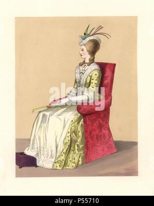 Kleid der Regierungszeit von König George III, 17601820. Sie trägt einen tropischen Vogel in Ihrem gepuderte Haar, ein Kruzifix um den Hals, Seide besticktes Kleid und Unterröcke, weiße Handschuhe und Ventilator. Auf der Grundlage einer Miniatur von Christian Friedrich Zincke von Frau Elizabeth Montagu, Drucken der Herzogin von Devonshire von Bartolozzi, und "Die Maiden Tante' 1776. Papierkörbe Lithographie von 'Kostüme der britischen Damen aus der Zeit von William, dem Ersten der Herrschaft von Königin Victoria, "London, Dickinson & Sohn, 1840. 48 montierten Platten der Damenmode von 1066 bis 1840 auf Bildnisse, Manuskripte, Portraits, pri-basiert Stockfoto
